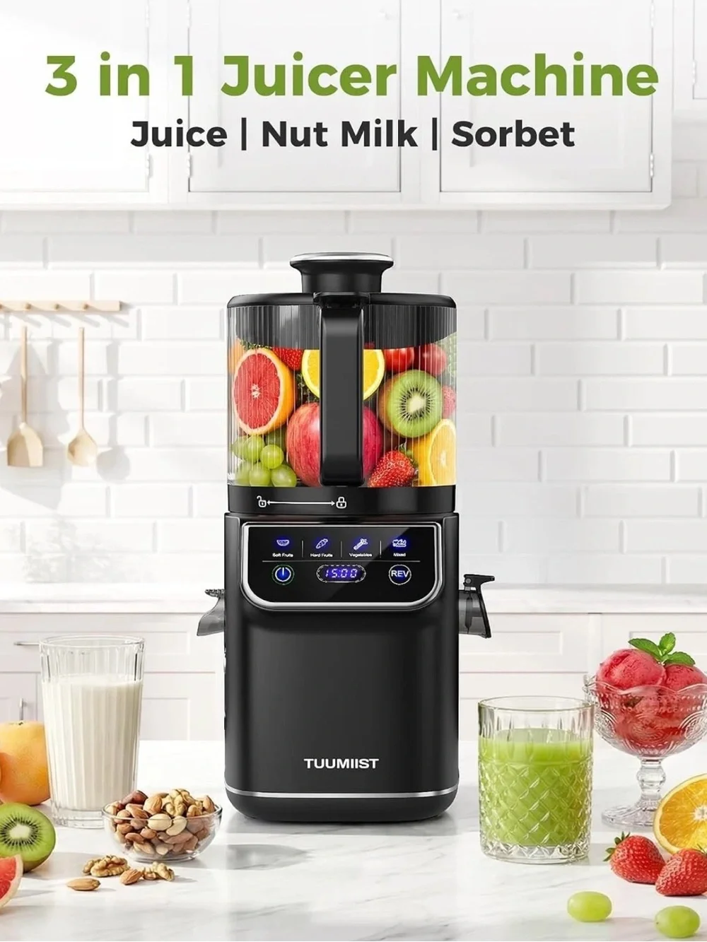 3-in-1 Cold Press Juicer Machine Smart Touch Masticating Juicers Whole Fruit &